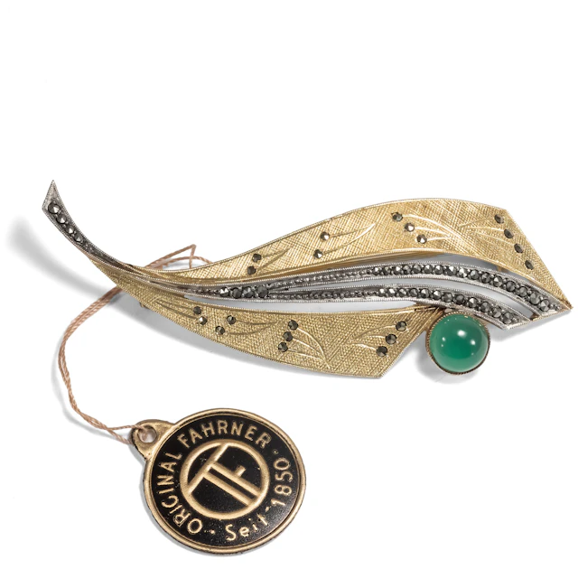 Unusual Brooch With Green Glass Paste & Marcasites, Theodor Fahrner
