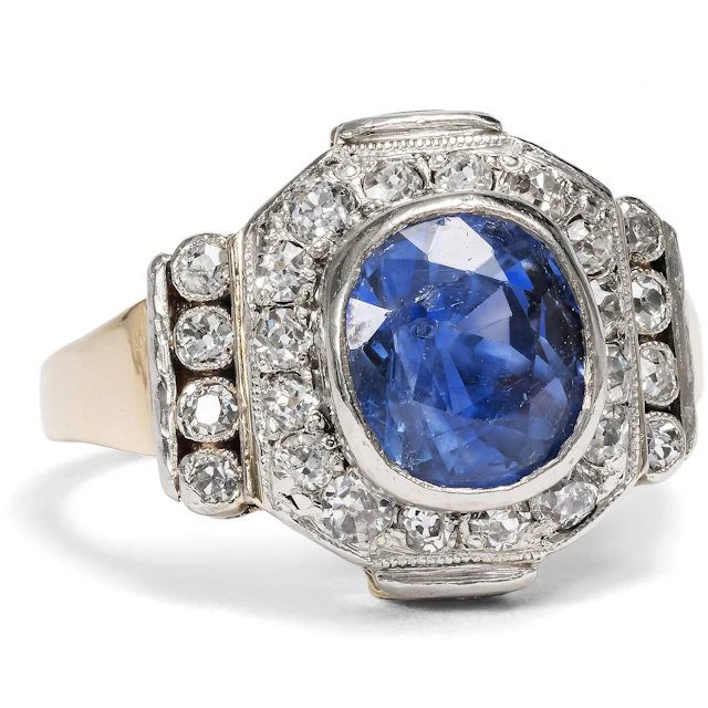 Antique Ring with Sapphire & Diamonds in Gold & Platinum, Art Déco c. 1930