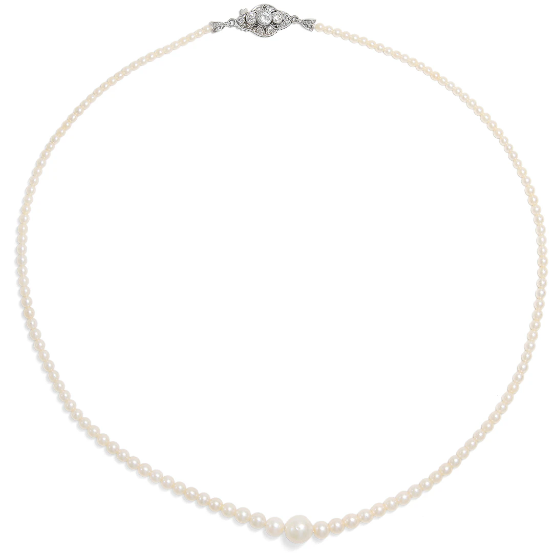 Fine Necklace Made of Natural Pearls with Clasp Made of Diamonds in