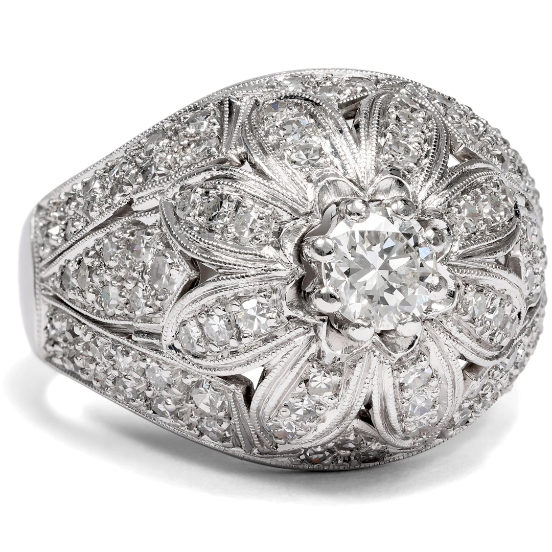 Elegant Midcentury Dome Ring with Diamonds in Platinum, c. 1950s