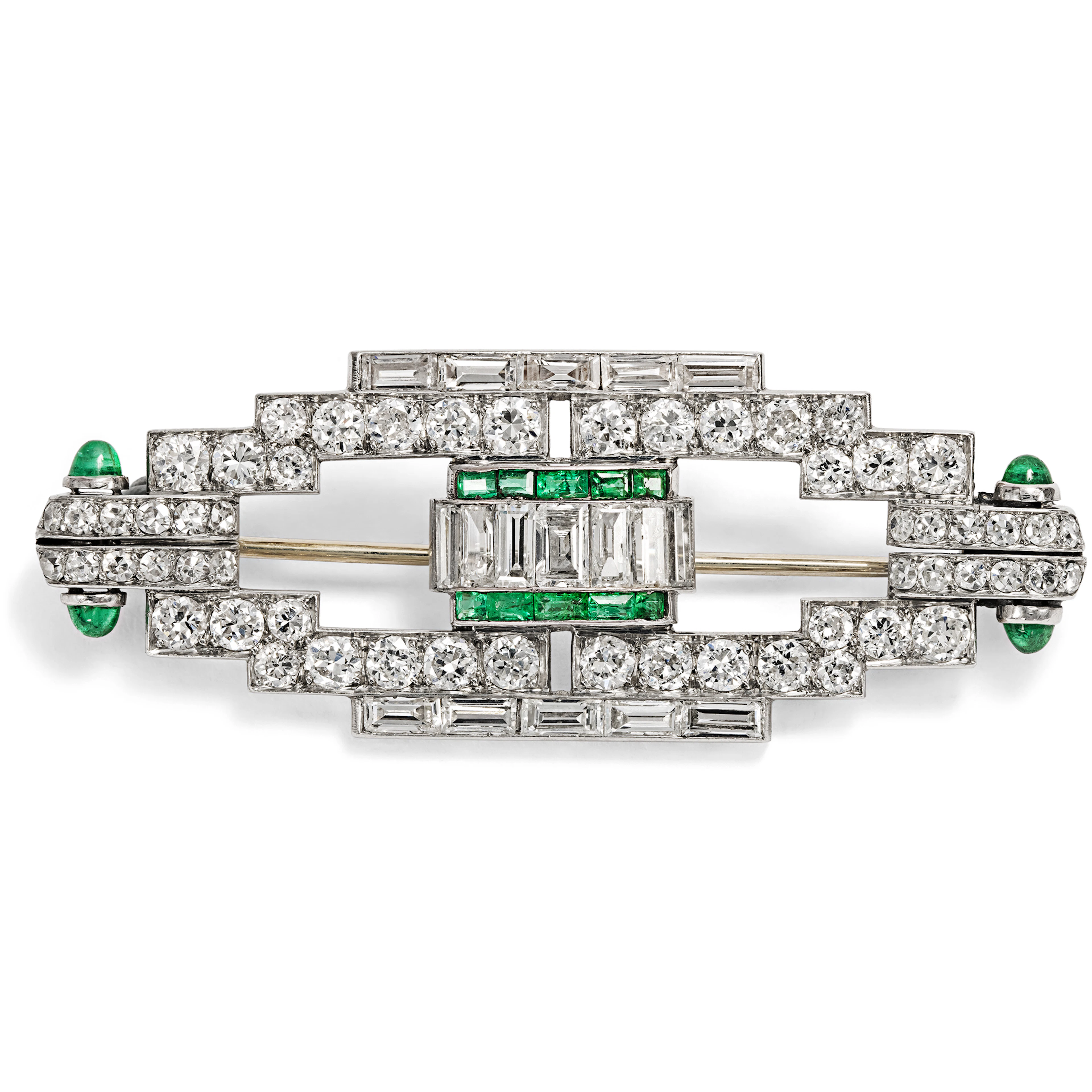 Elegant Art Deco Brooch with Emeralds & Diamonds in Platinum, France, c. 1930