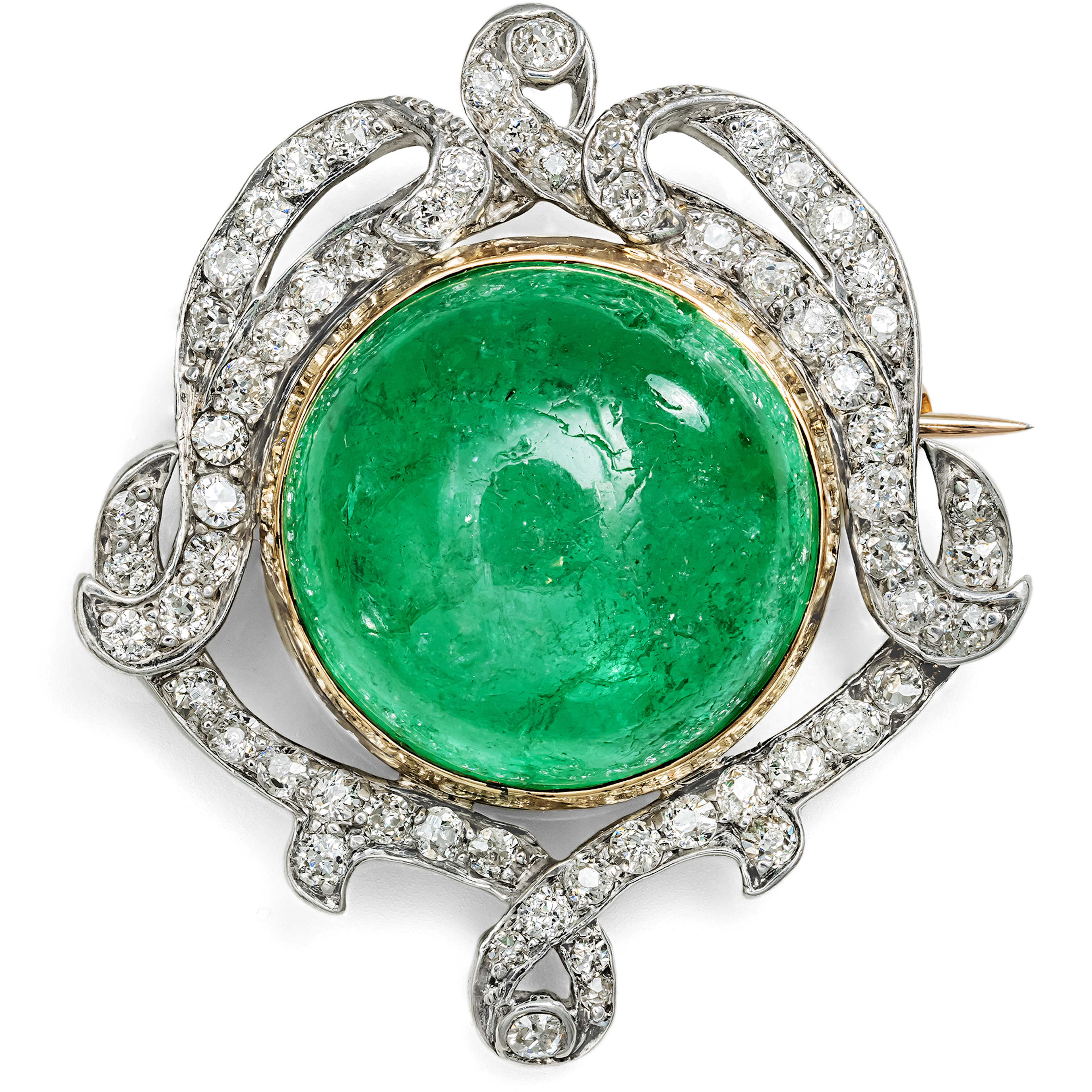 Antique Brooch With Colombian Emerald & Diamonds, Circa 1910