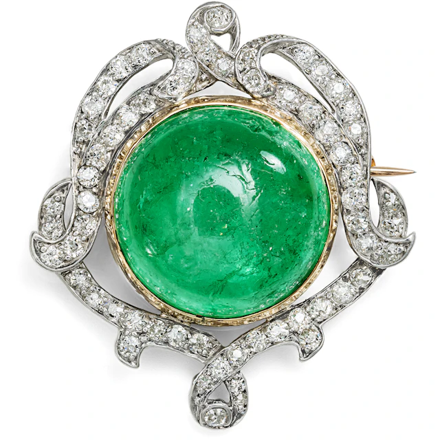 Antique Brooch With Colombian Emerald & Diamonds, Circa 1910