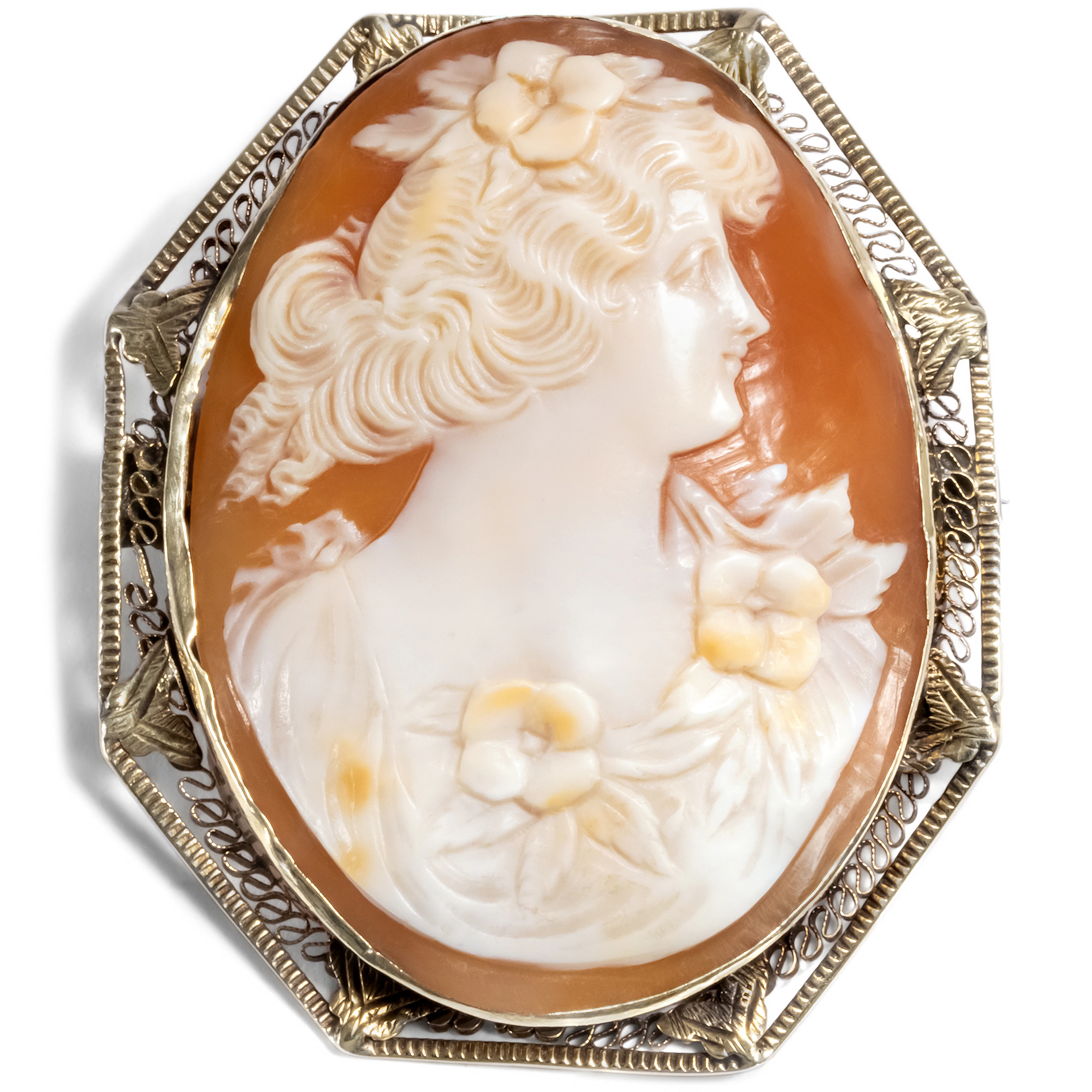Large Shell Cameo of Flora in Filigree Gold, ca. 1925