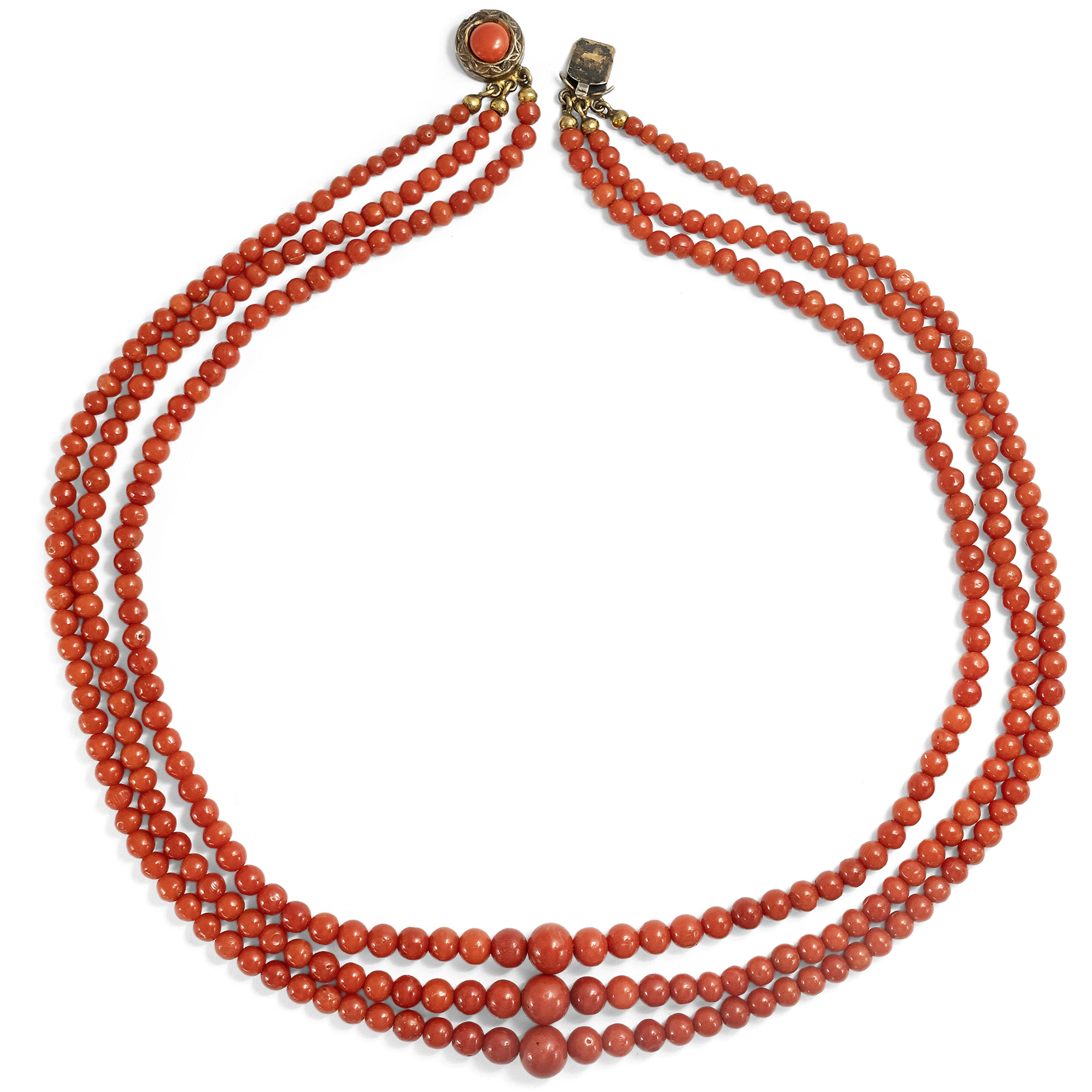 Vintage Necklace Made of Red Mediterranean Coral in Three Rows, 1950s