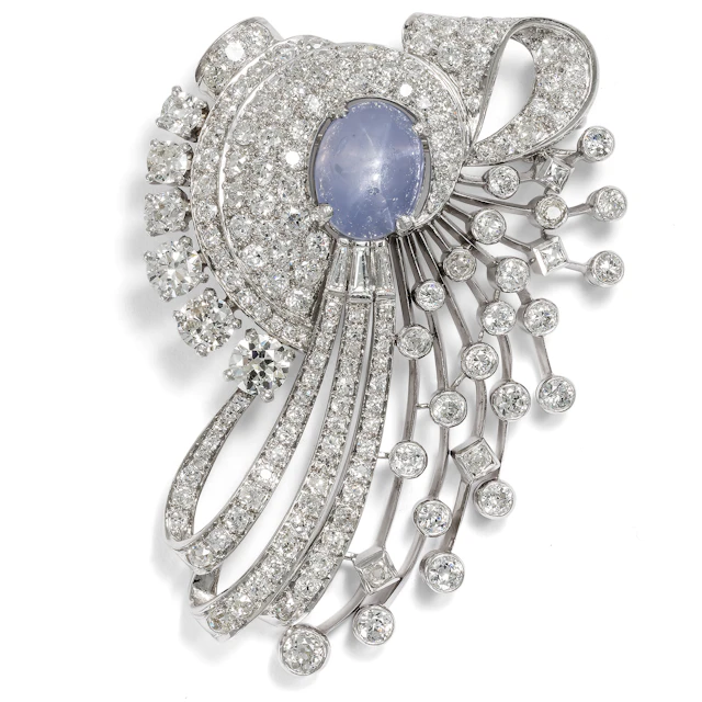 Luxurious Art Deco Pendant/Brooch with Star Sapphire & Diamonds, c. 1940