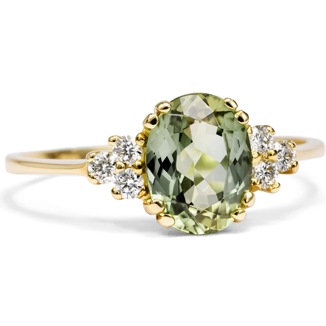 Delicate Ring with an Olive-Green Tourmaline & Diamonds in Gold, From