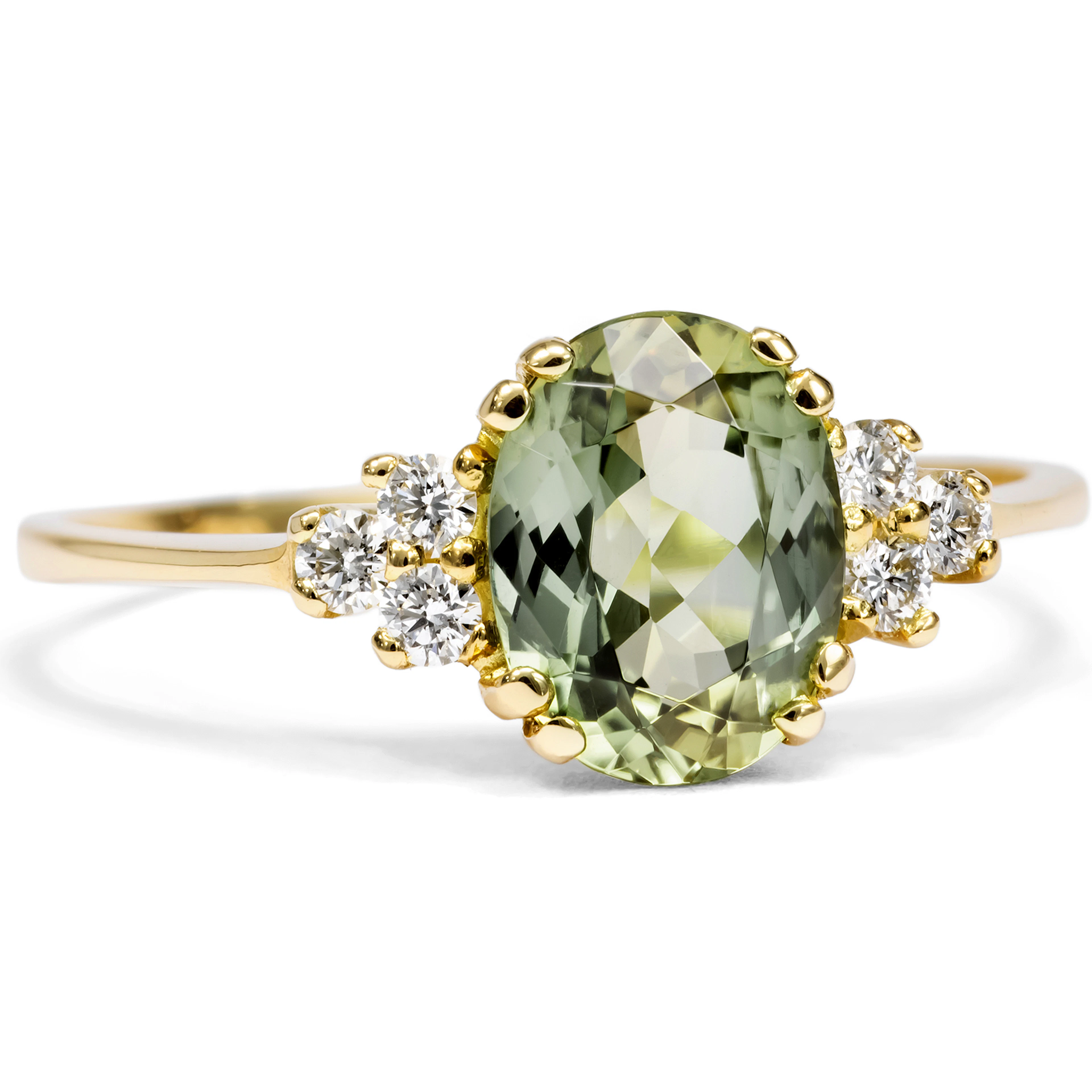 Delicate Ring with an Olive-Green Tourmaline & Diamonds in Gold, From