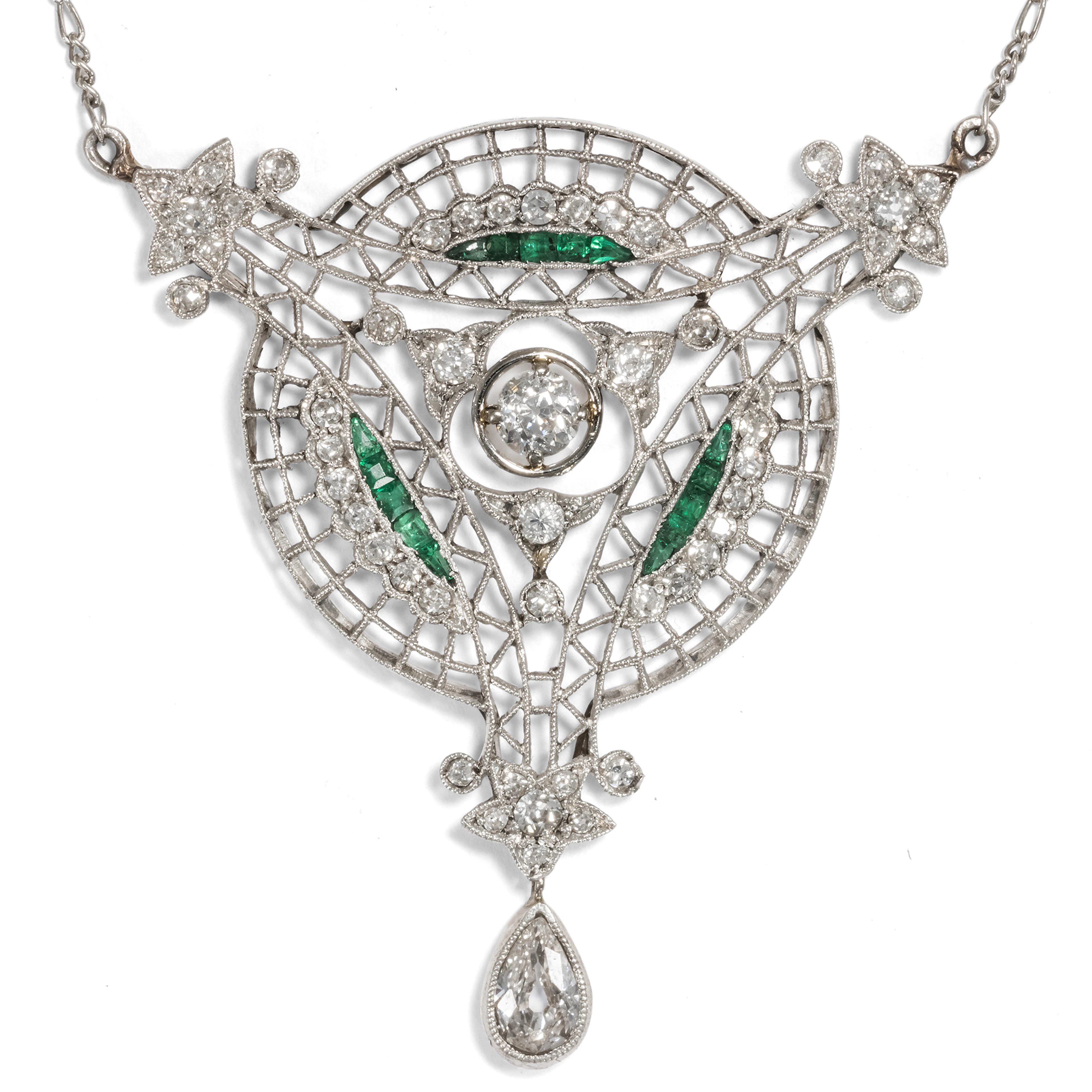 Delicate Necklace with Diamonds & Emeralds in Platinum, circa 1915
