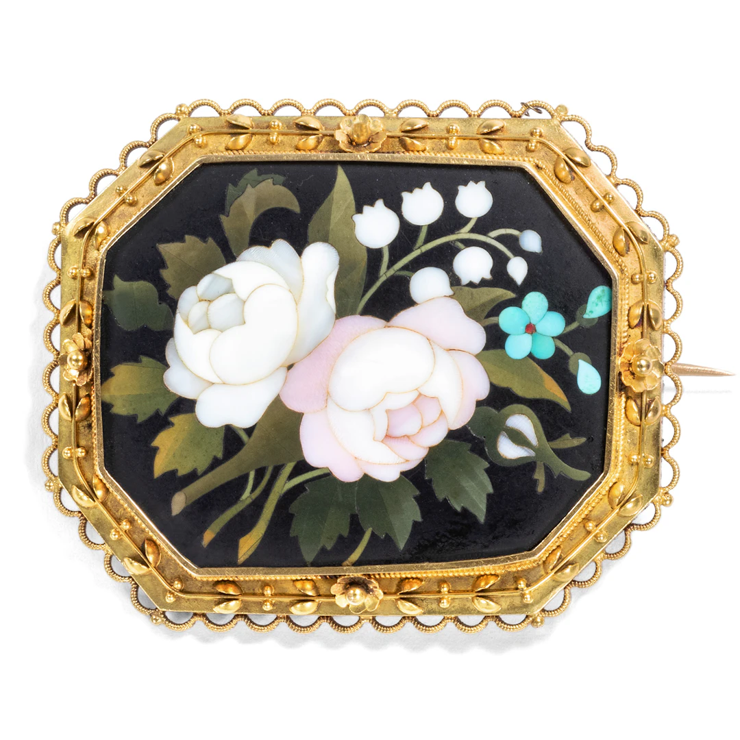Antique Medallion Brooch With Pietra Dura in Gold, Florence & England