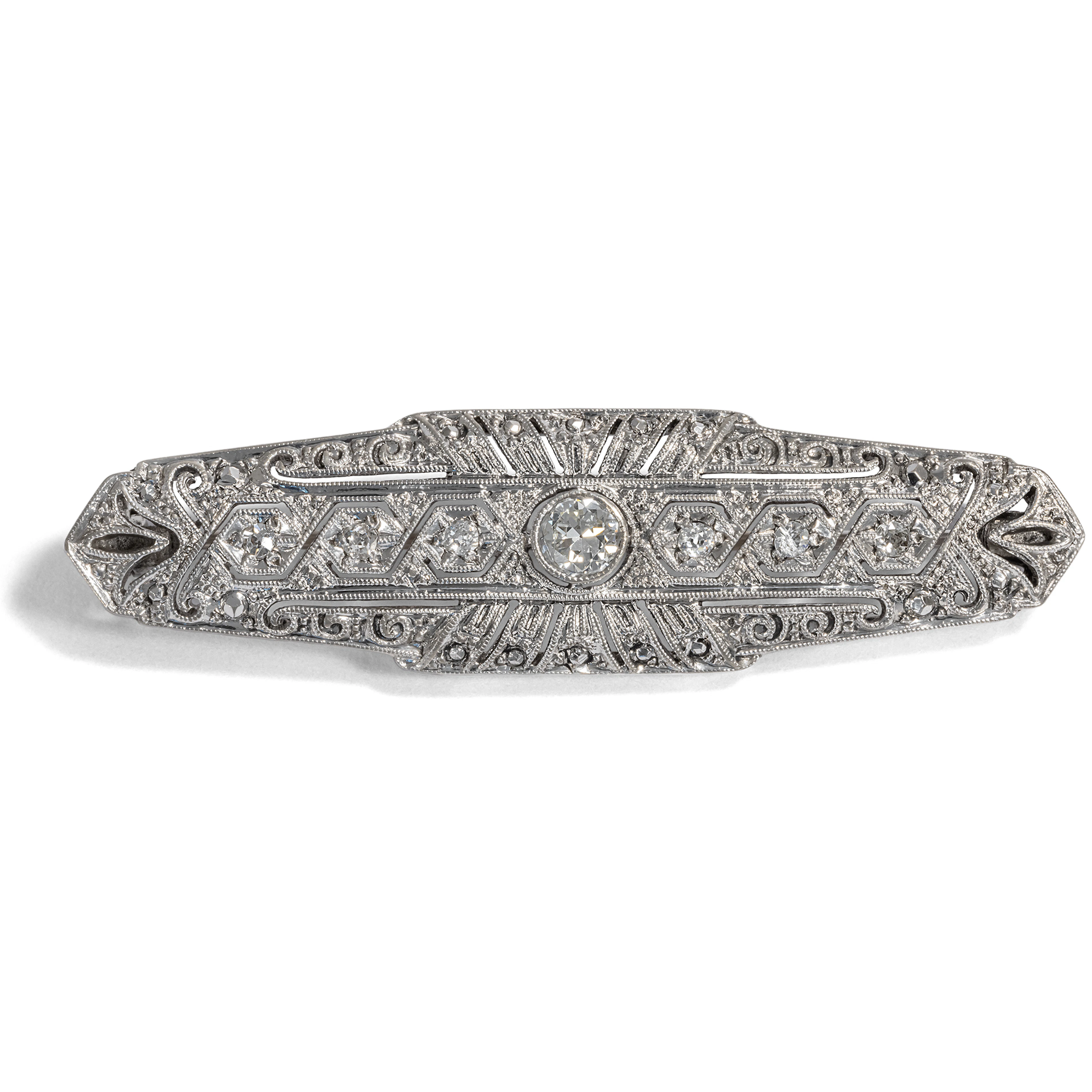 Fine Art Deco Brooch With Diamonds in Rhodium-Plated Silver, c. 1940s