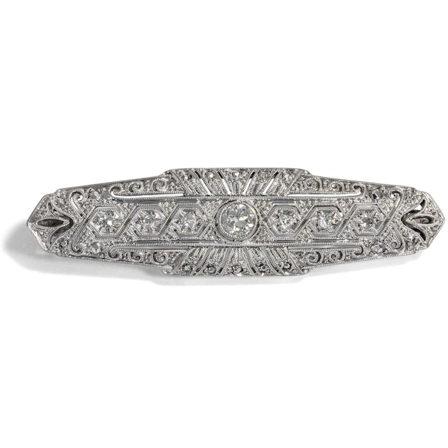 Fine Art Deco Brooch With Diamonds in Rhodium-Plated Silver, c. 1940s