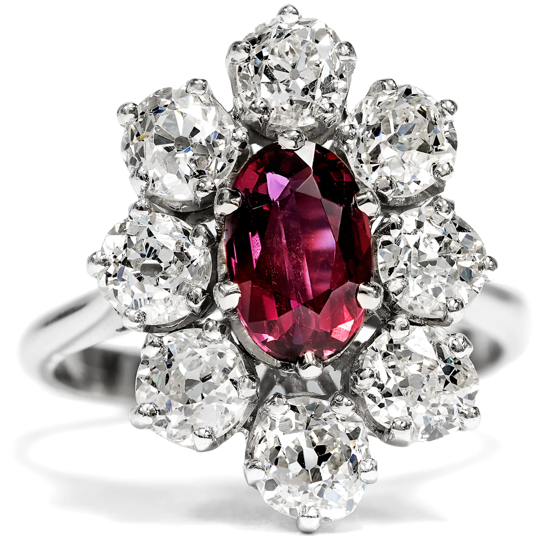 Wonderful Entourage Ring With Ruby & Historic Diamonds, Bordeaux Circa 1975