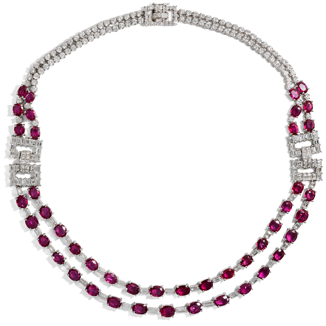 Precious Vintage Necklace With Diamonds & Rubies in White Gold, 1960s