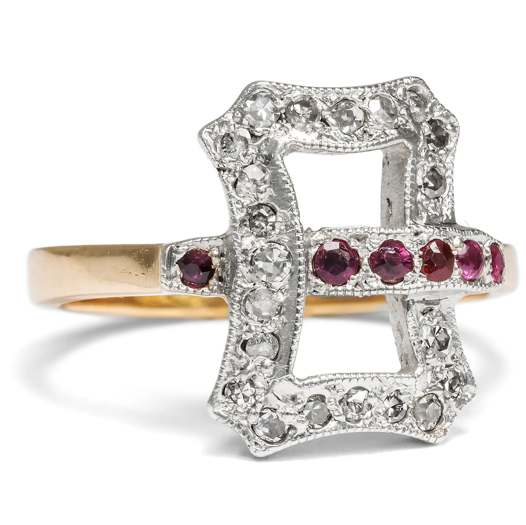 Witty Belt Ring with Rubies & Diamonds in Historical Form, England c. 1980