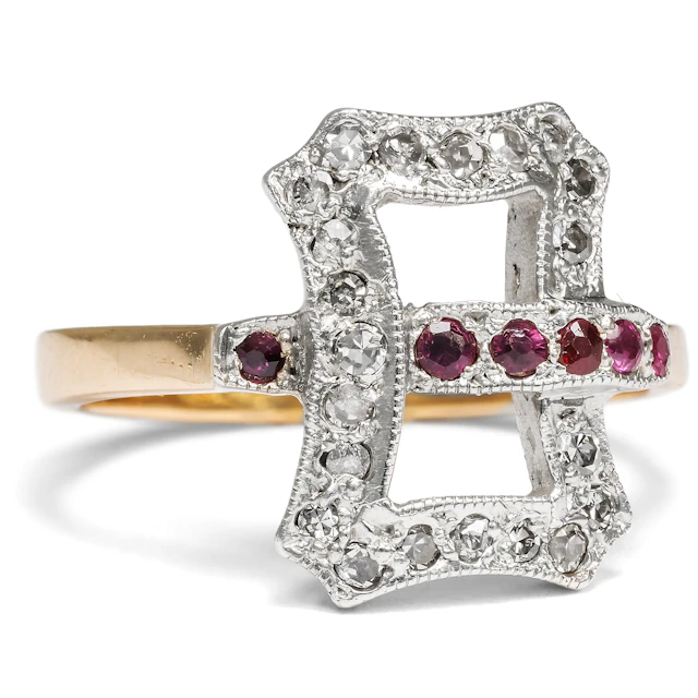 Witty Belt Ring with Rubies & Diamonds in Historical Form, England c. 1980