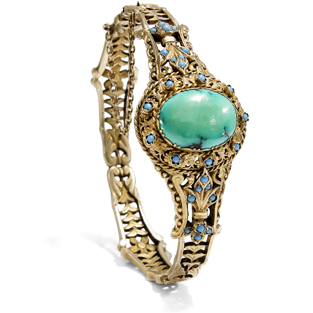 Antique Bangle Made of Gold-Plated Silver, Turquoise, and Blue Glass, 1920s