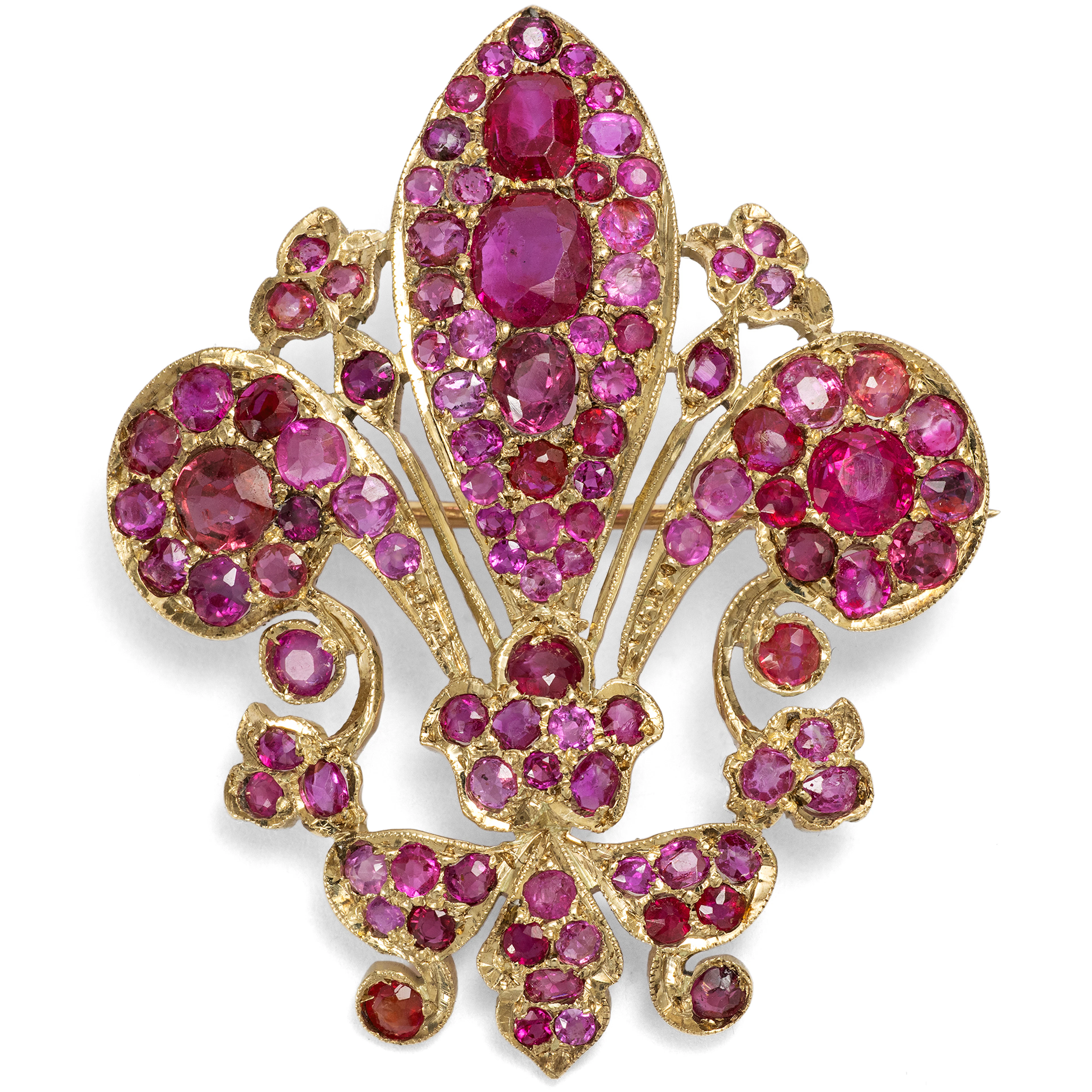 Fabulous brooch in the Shape of a Florentine Lily with Rubies in Gold