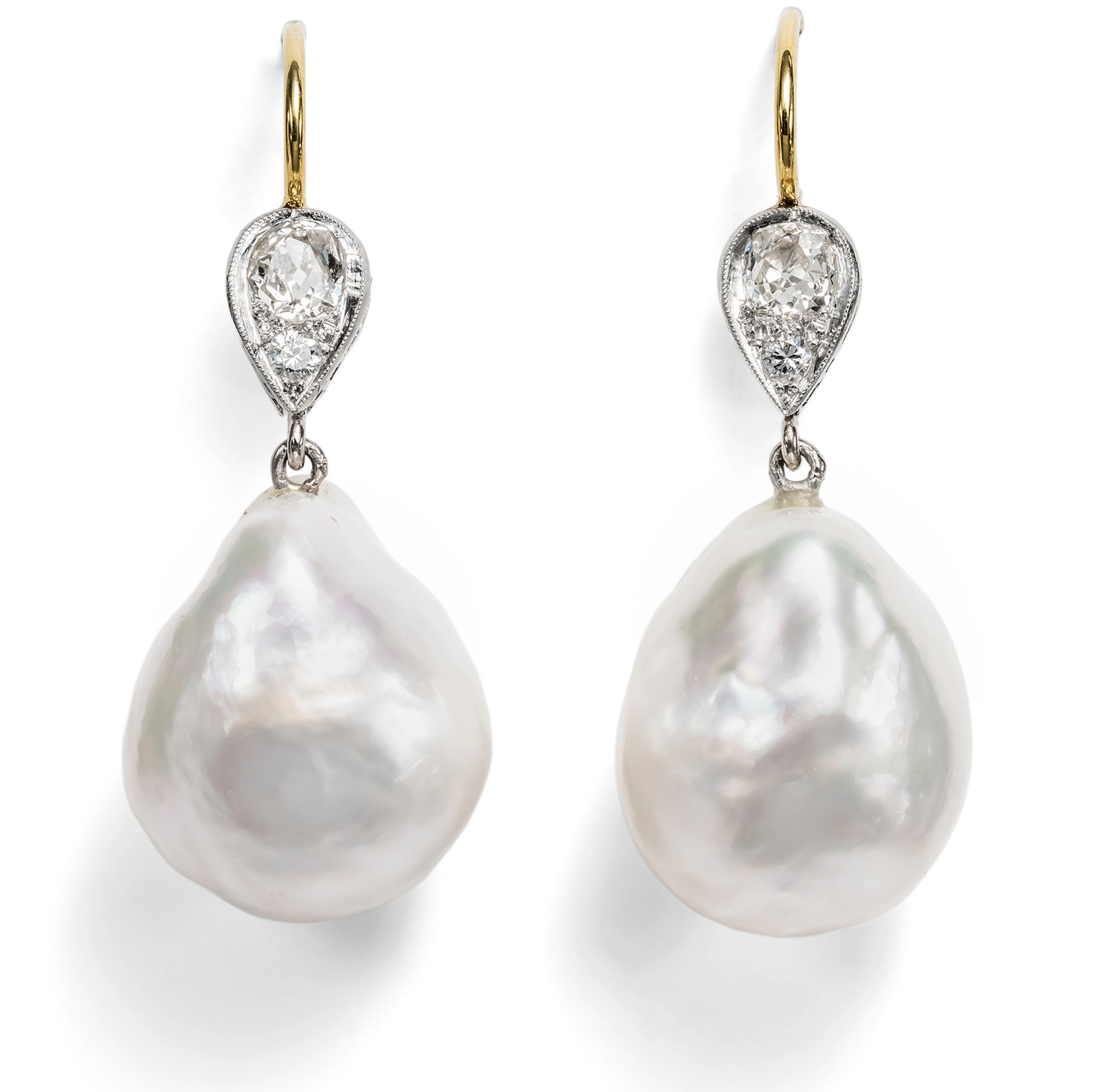 Gold and Platinum Earrings with Old-Cut Diamonds and Large South Sea