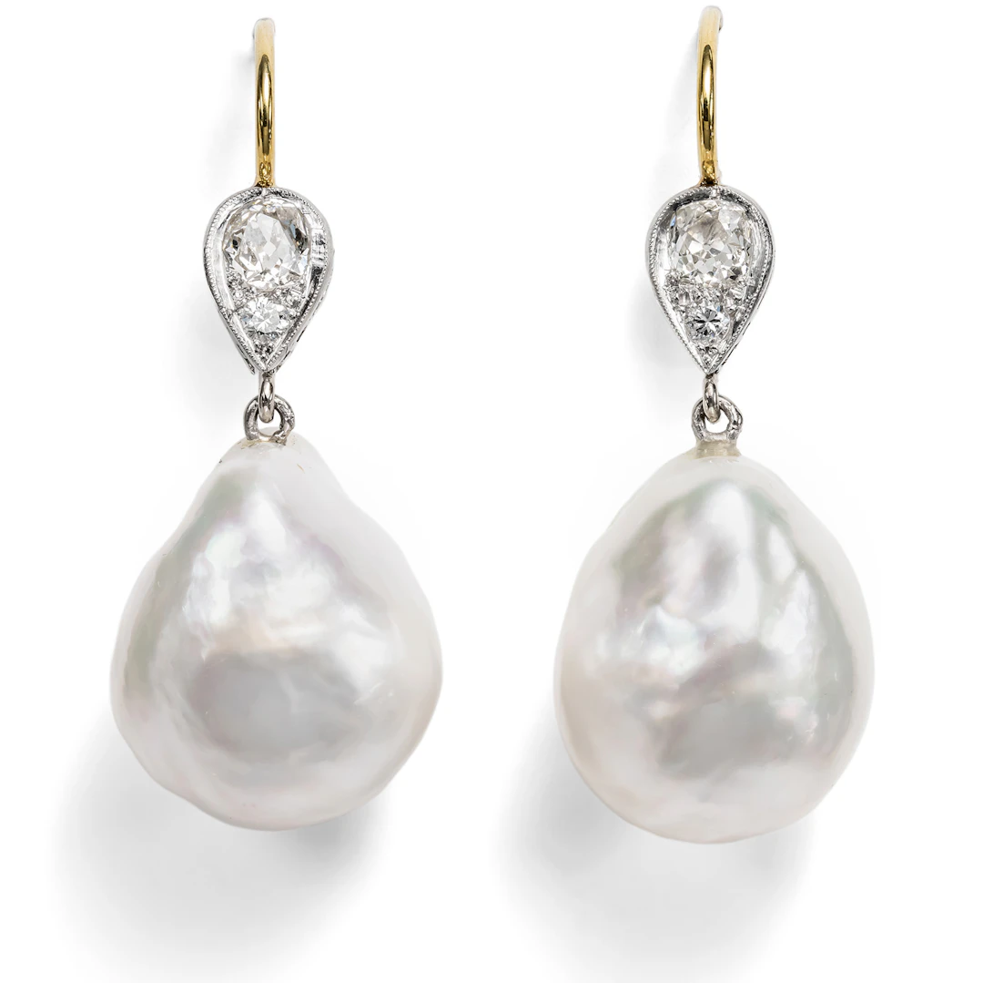 Gold and Platinum Earrings with Old-Cut Diamonds and Large South Sea