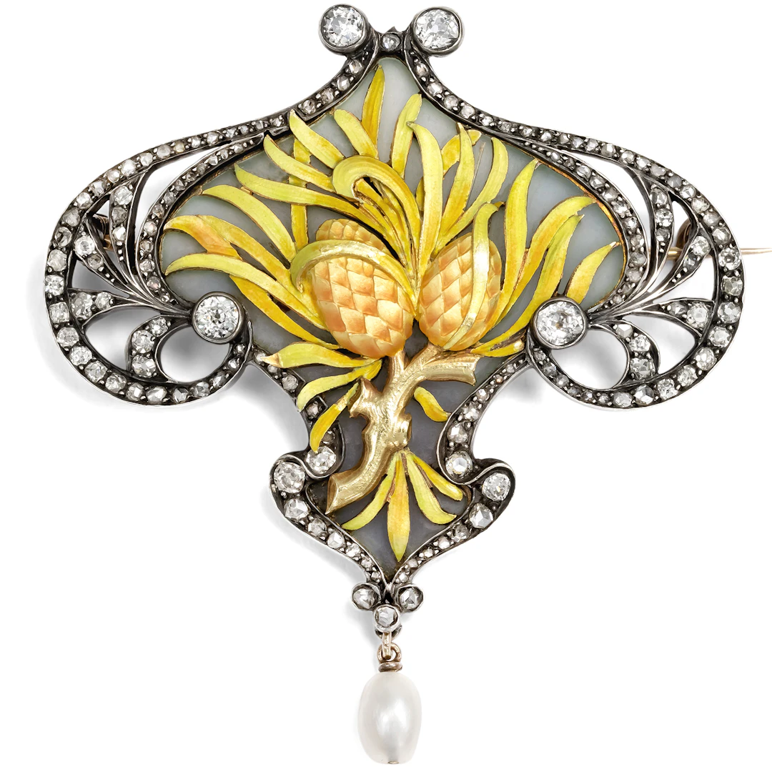 Antique Art Nouveau Brooch with Diamonds and Enamel, Paris, c. 1900