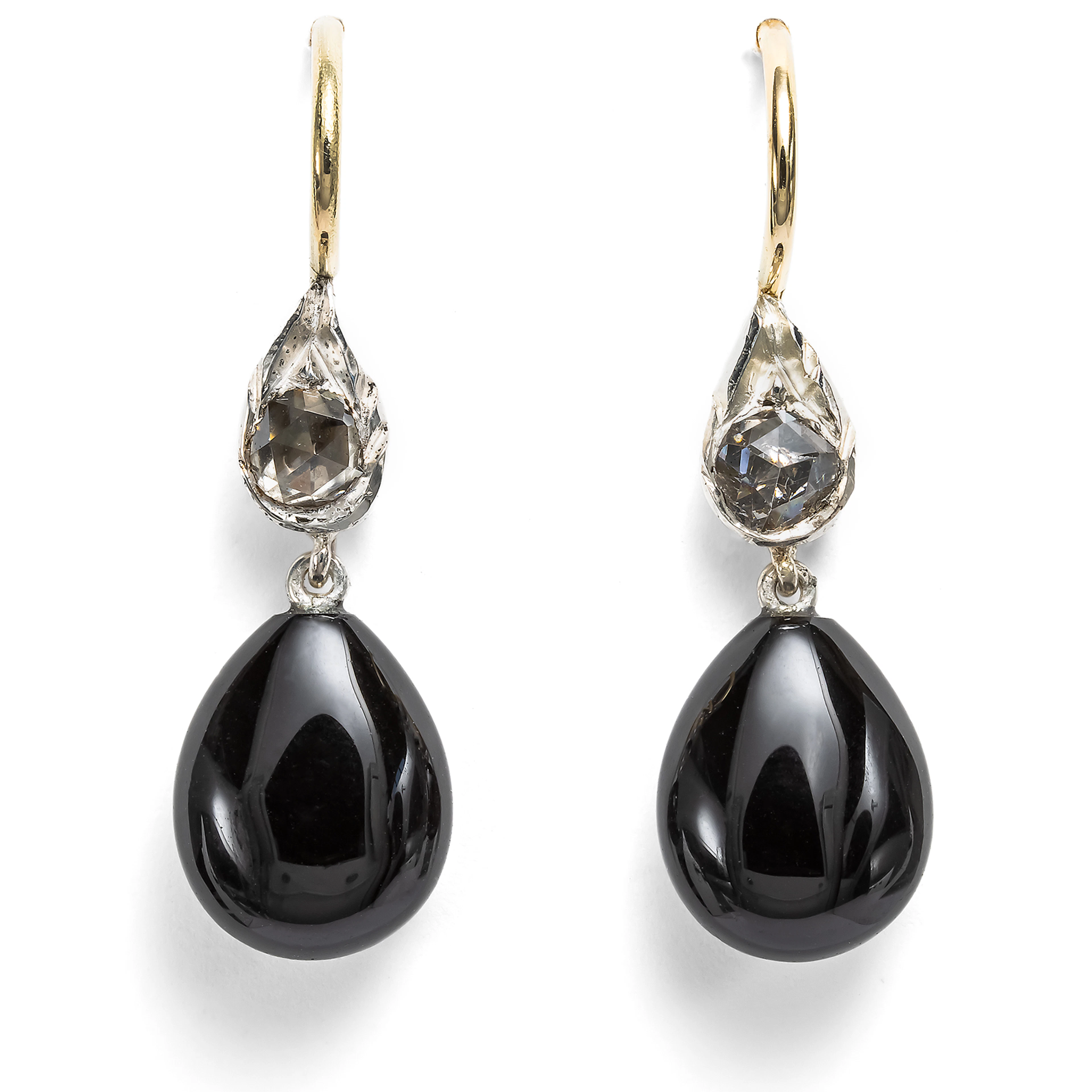 Delicate Earrings with Onyx and Antique Diamond Roses in Silver and