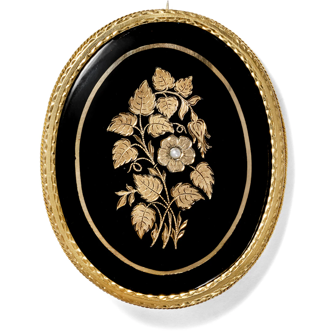 Large Black Enamel Mourning Brooch Made of Gold, c. 1850