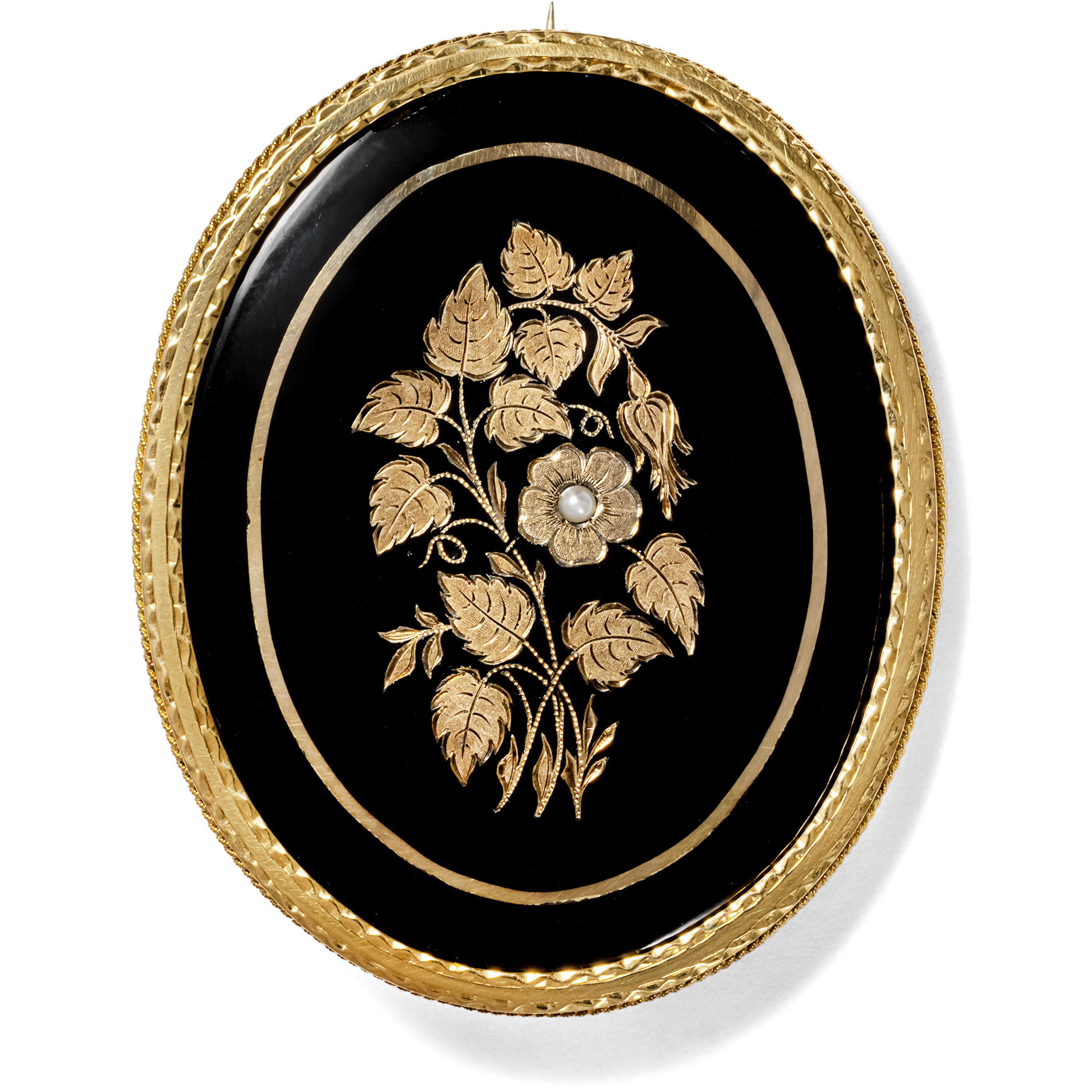 Large Black Enamel Mourning Brooch Made of Gold, c. 1850