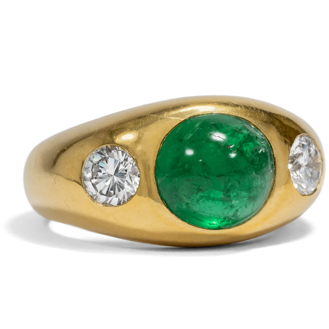 Vintage Band Ring With Emerald & Diamonds in Yellow Gold, 1990s