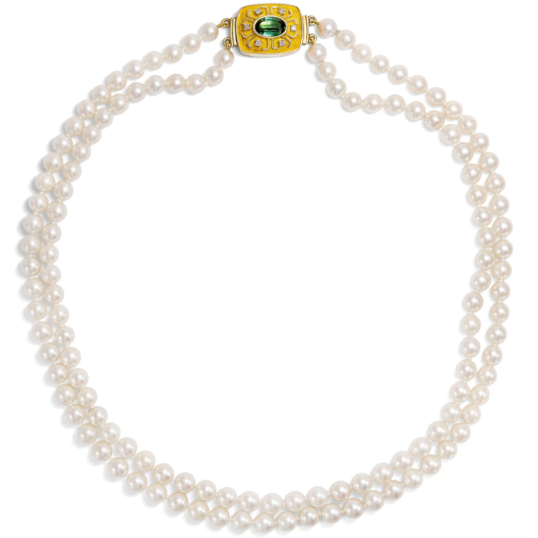 Two-Strand Cultured Pearl Necklace in Princess Length With Tourmaline