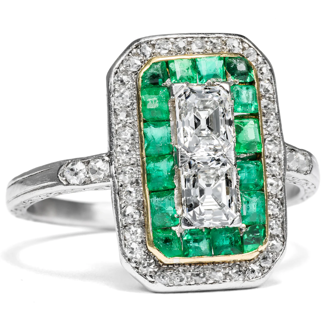 Rare Art Déco Platinum Ring with "Emerald Cut" Diamonds & Emeralds, c. 1925