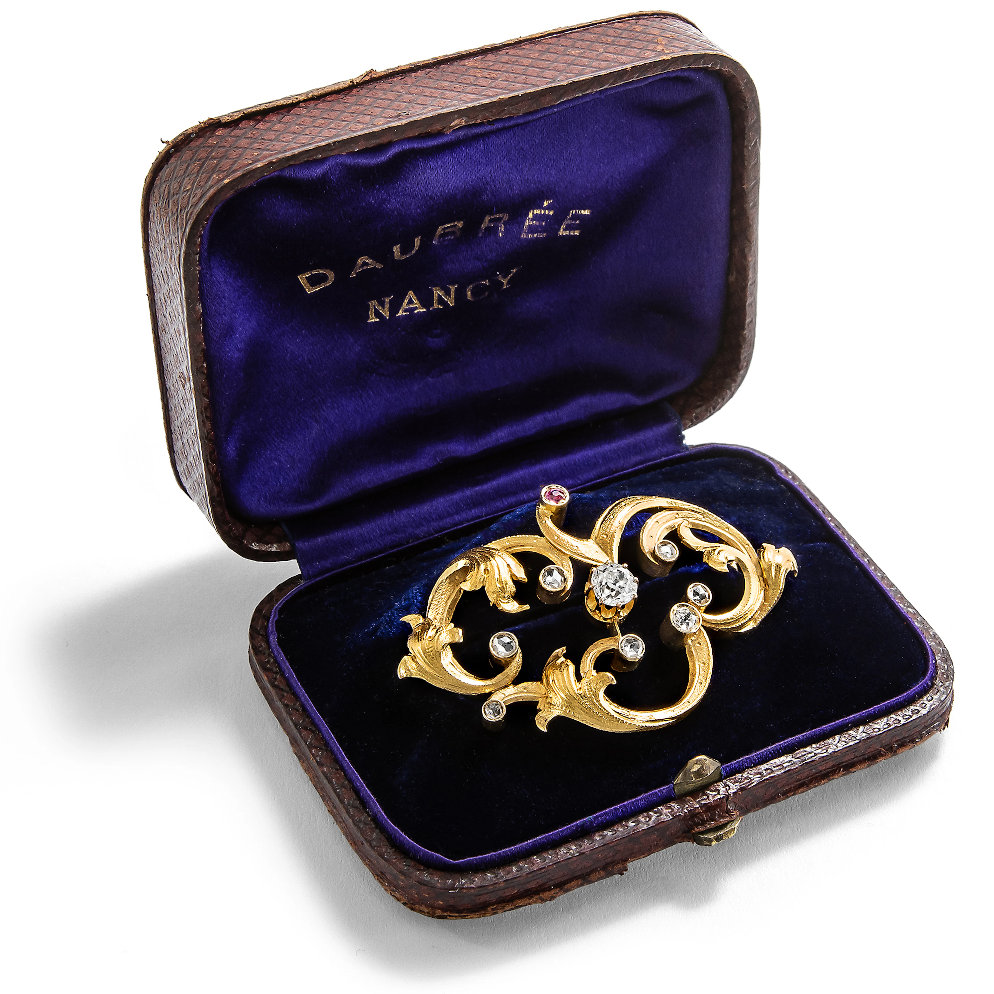 Antique Rococo Revival Brooch with Diamonds in Gold, French, c. 1890