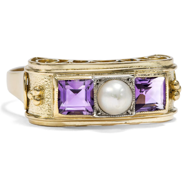 Large Art Deco Ring with Amethysts & Cultured Pearl, c. 1935