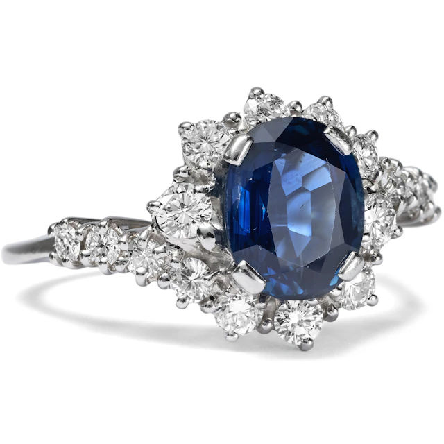 High quality vintage sapphire and diamond ring in white gold, Germany