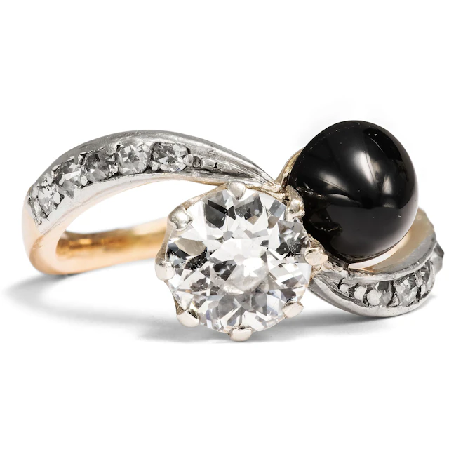 Unusual "Crossover" Ring with Diamonds & Onyx, c. 1905 & later