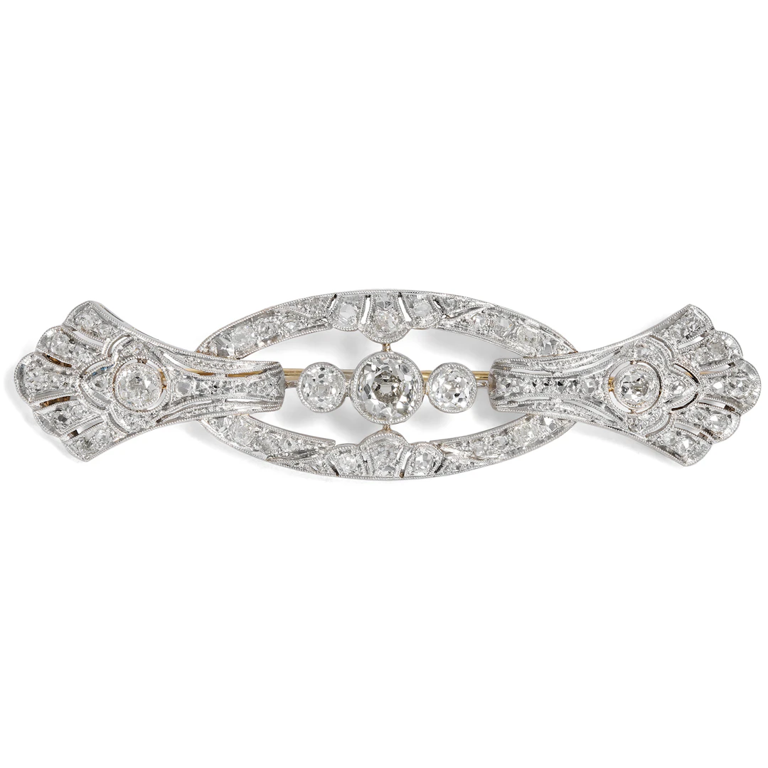 Elegant Art Deco Brooch with Diamonds in Platinum & White Gold, c. 1930