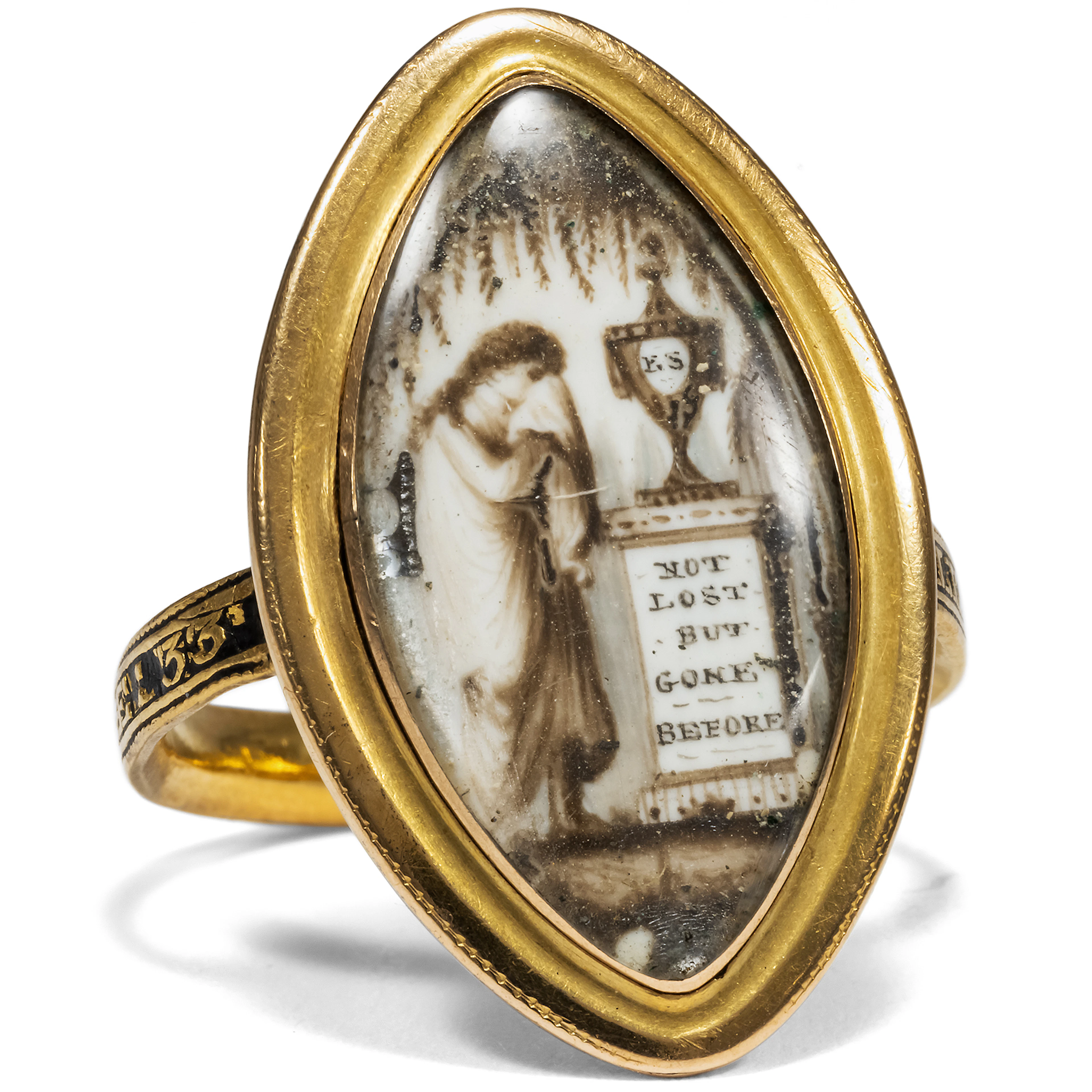 Antique English Mourning Ring with Sepia Painting on Gold, Dated 1783