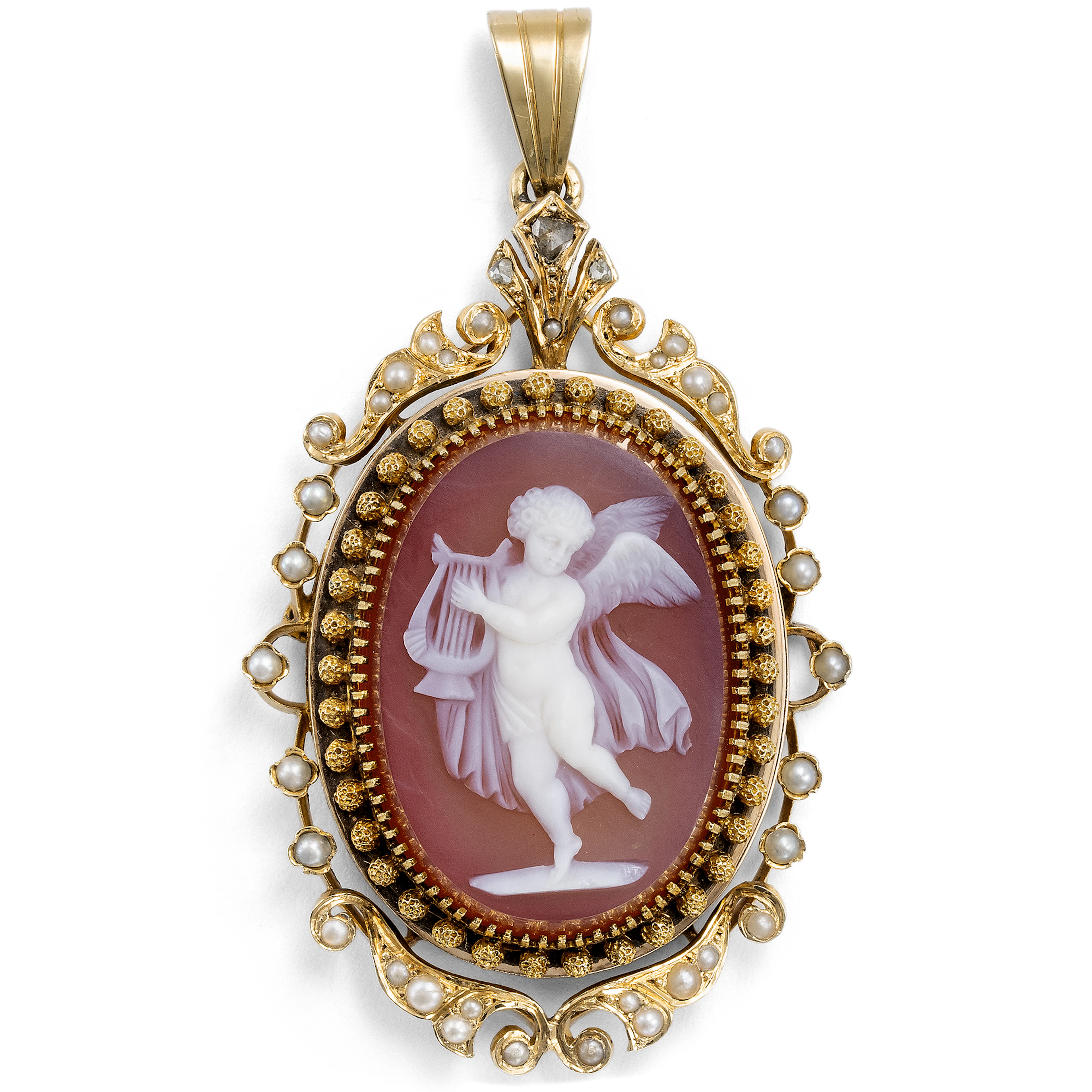 Antique Locket Pendant with Hardstone Cameo and Natural Pearls in Gold, c. 1875