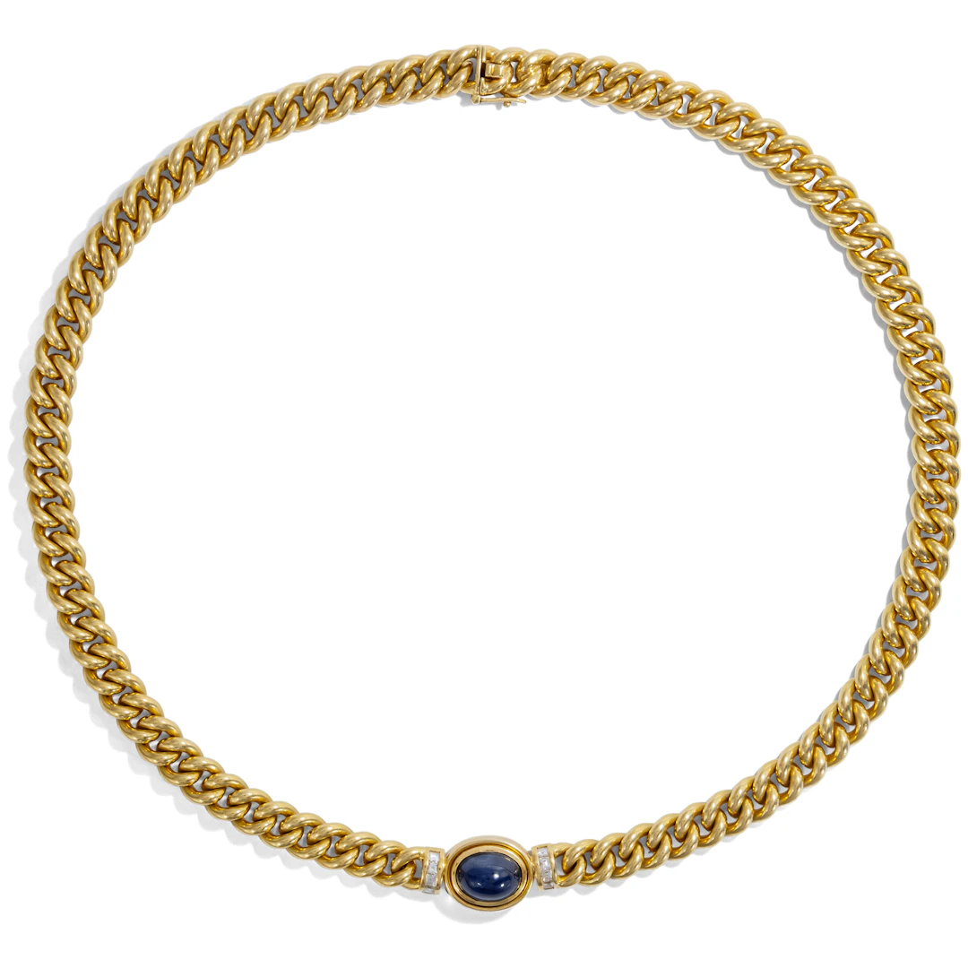Vintage Necklace With Sapphire & Diamonds Set in Gold, c. 1985