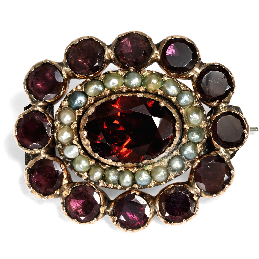 Antique Brooch with Foiled Garnets and Seed Pearls, British, c. 1820
