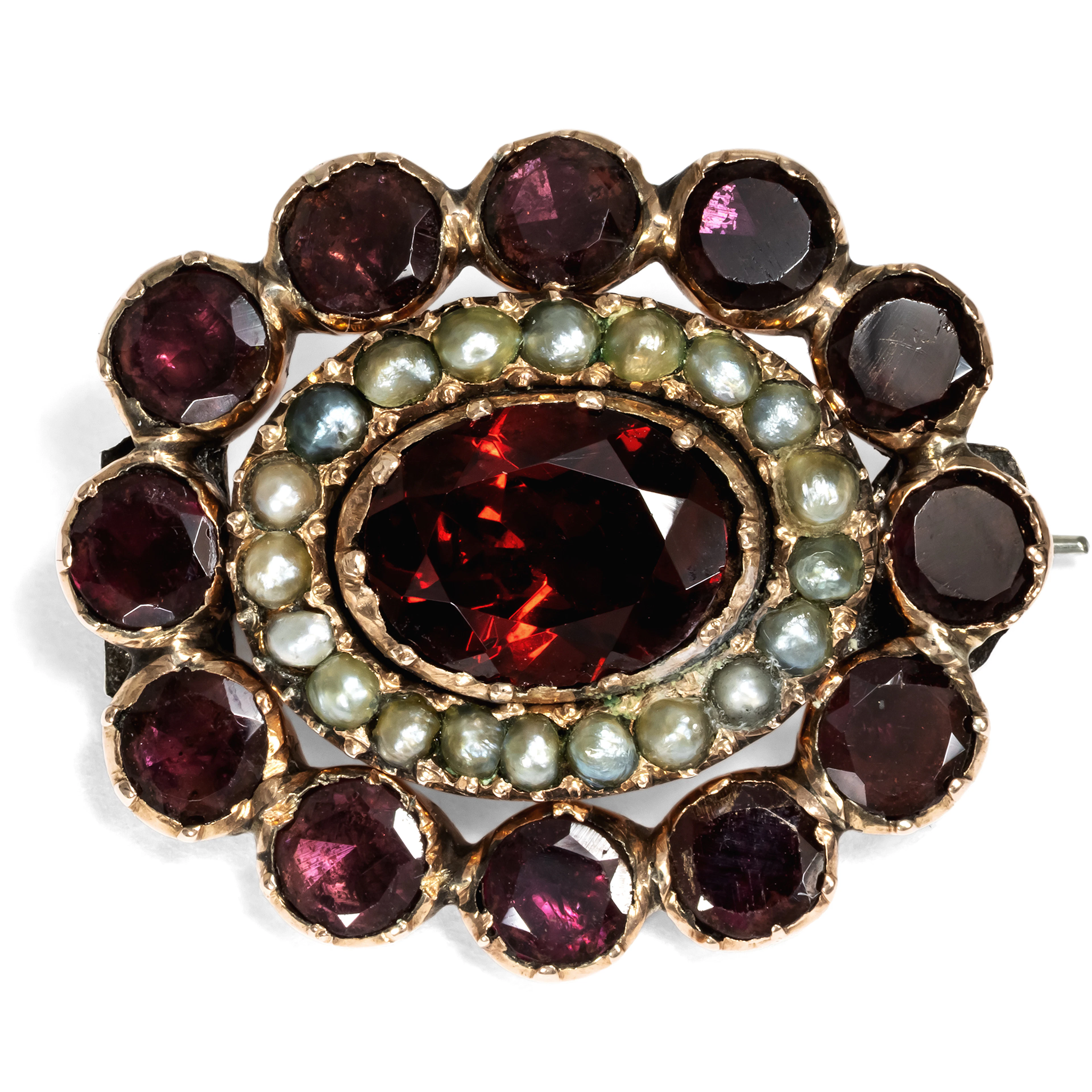 Antique Brooch with Foiled Garnets and Seed Pearls, British, c. 1820