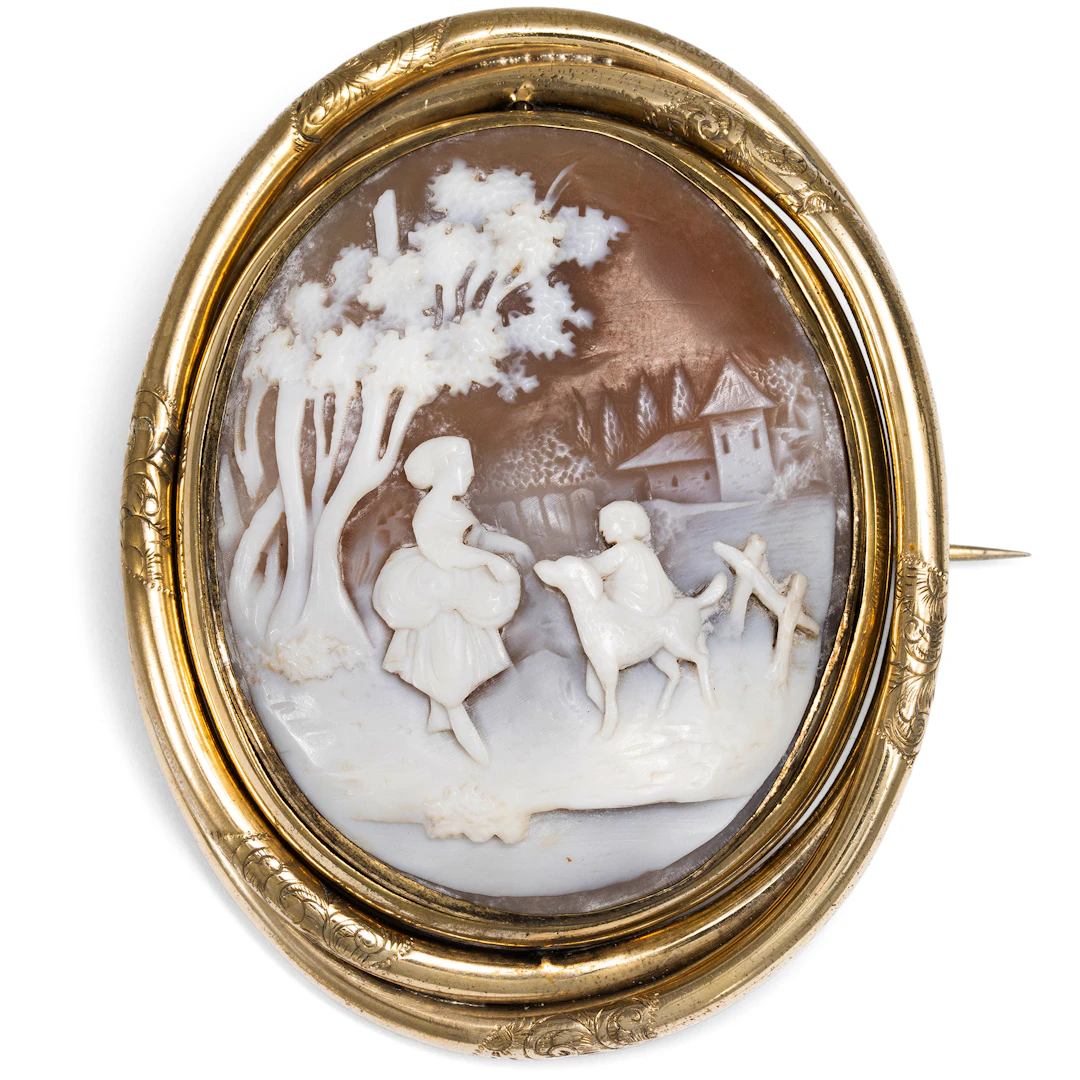 Large Brooch with Shell Cameo and Miniature Painting in a Swivel Mount, c. 1860