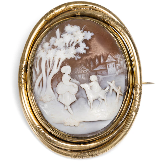Large Brooch with Shell Cameo and Miniature Painting in a Swivel Mount, c. 1860