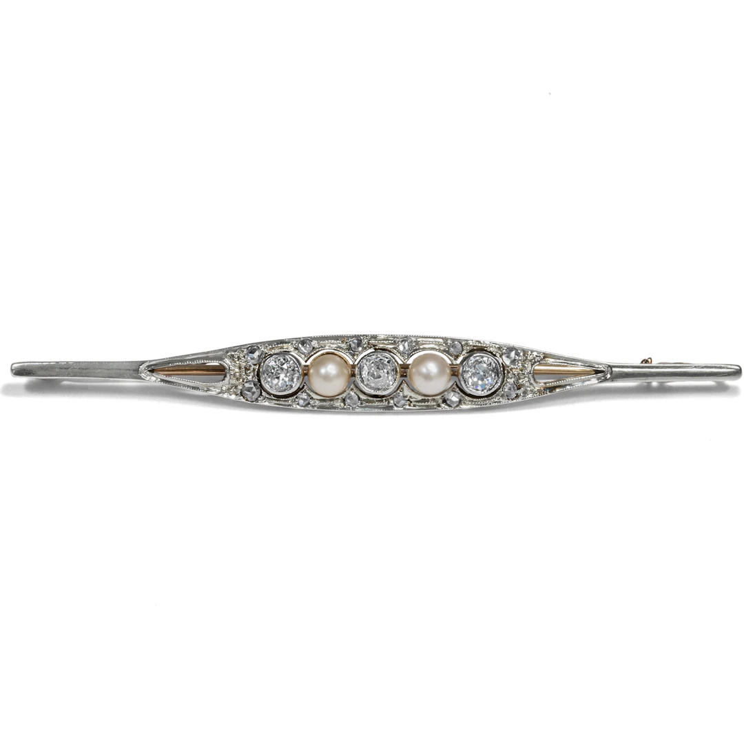 Elegant Art Deco Bar Brooch With Pearls & Diamonds, c. 1930s