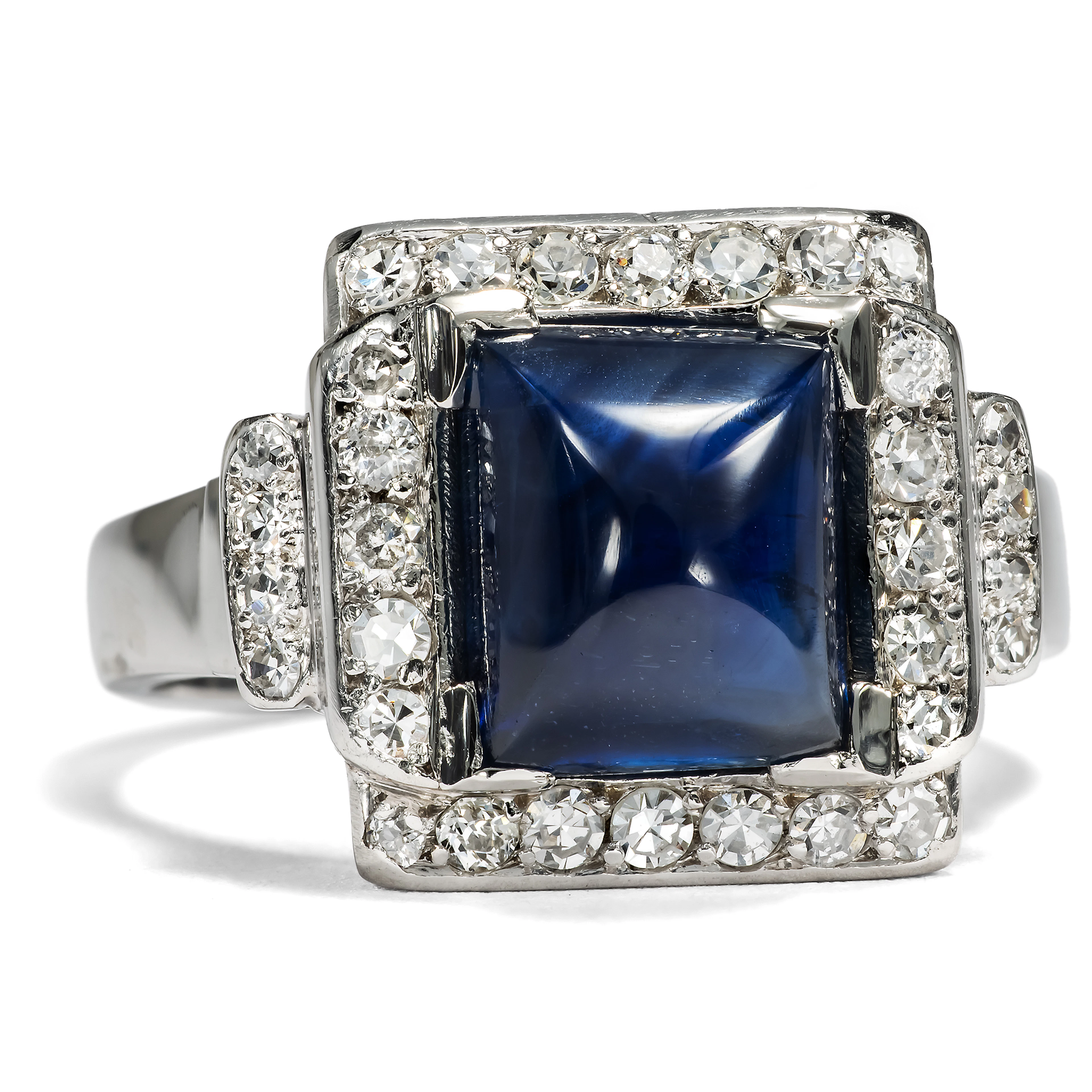 Unusual Art Deco Sapphire Ring with Diamonds in Platinum, c. 1925