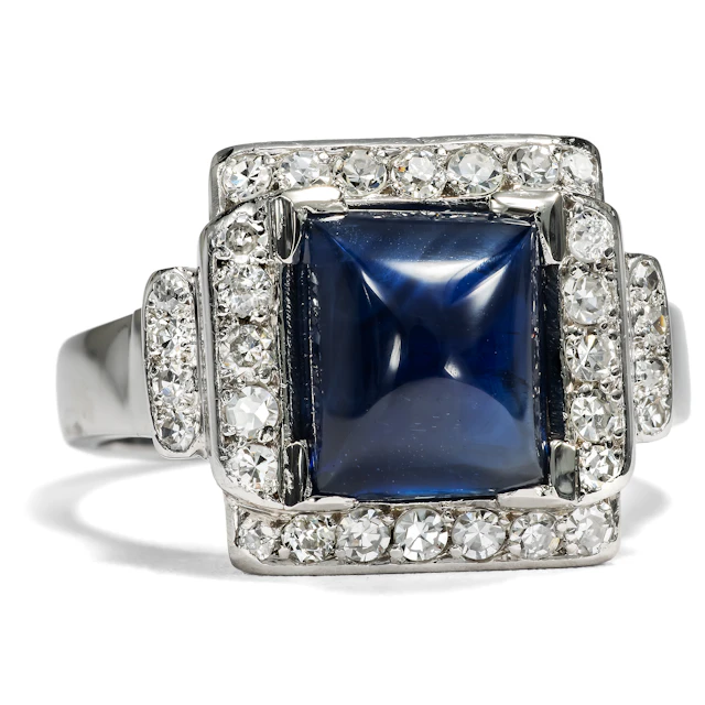 Unusual Art Deco Sapphire Ring with Diamonds in Platinum, c. 1925