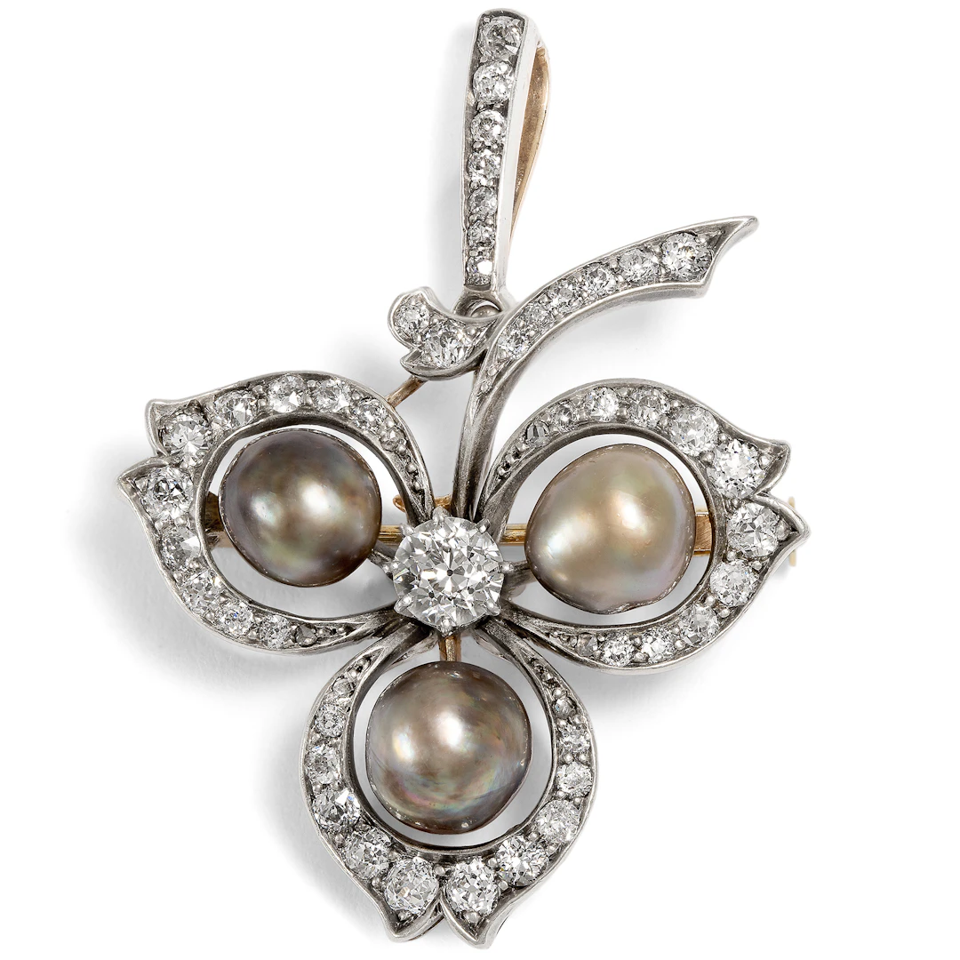 Exquisite Clover Pendant-Brooch with Grey Natural Pearls, c. 1890