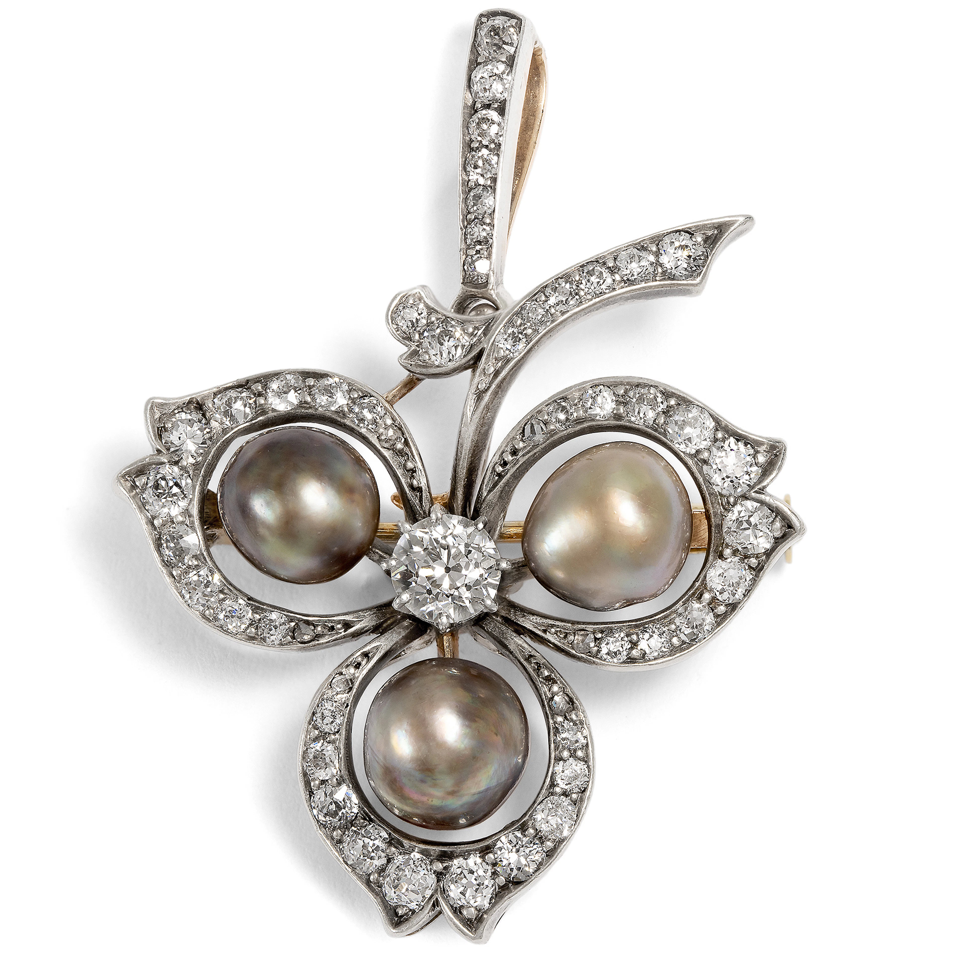 Exquisite Clover Pendant-Brooch with Grey Natural Pearls, c. 1890