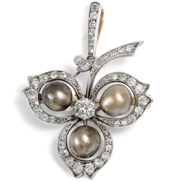 Exquisite Clover Pendant-Brooch with Grey Natural Pearls, c. 1890