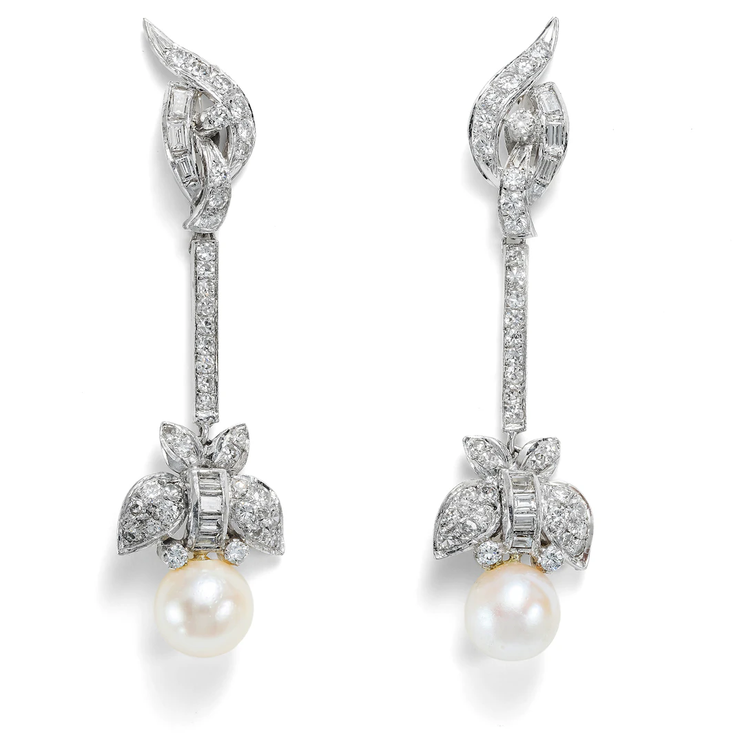 Glamorous Midcentury Earrings with Pearls & 2.10 ct Diamonds in White